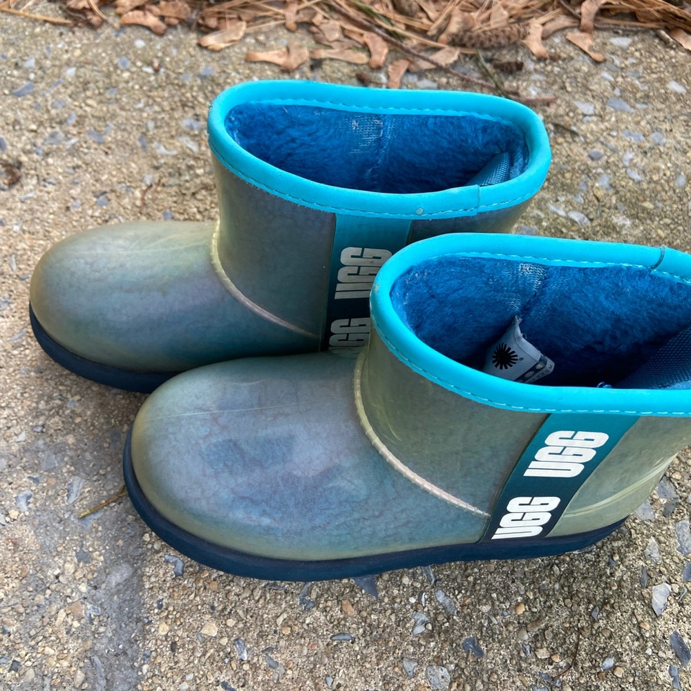 UGG Girls Kids Iridescent Blue Rain Boots Size 1 Classic clear Mini II